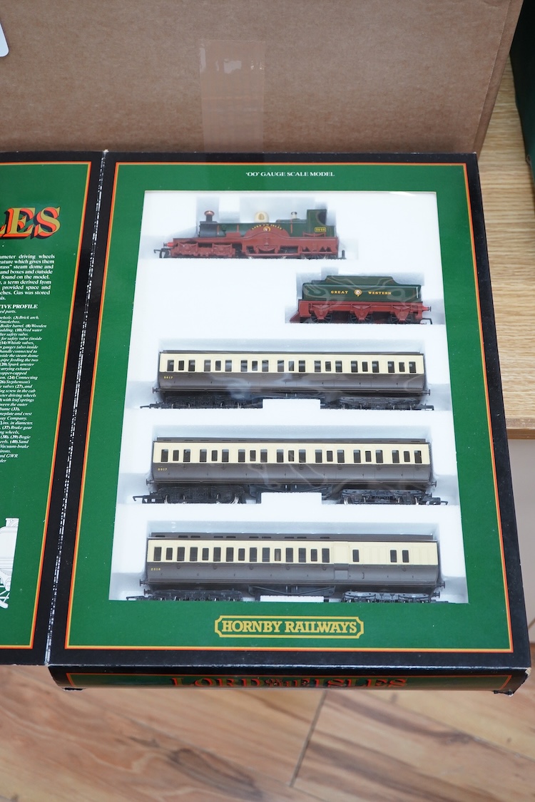 A boxed Hornby Railways 00 gauge GWR Lord of the Isles train pack, comprising of a 4-2-2 tender locomotive and three chocolate and cream coaches